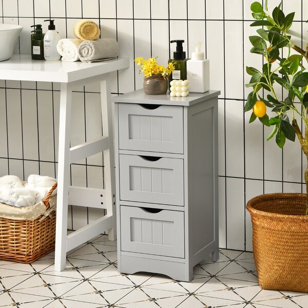 Costway Cassettiera verticale maniglie intagliate e dispositivo antiribaltamento, Mobile del bagno con 3 cassetti Grigio