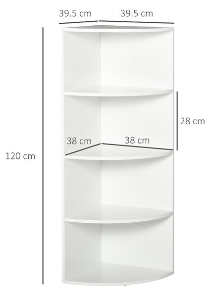 HOMCOM Scaffale Libreria Angolo a 4Ripiani, a ventaglio garantisce, a Muro e Parete, Legno particellare da 15mm, 39.5x39.5x120cm Bianco| Aosom Italy