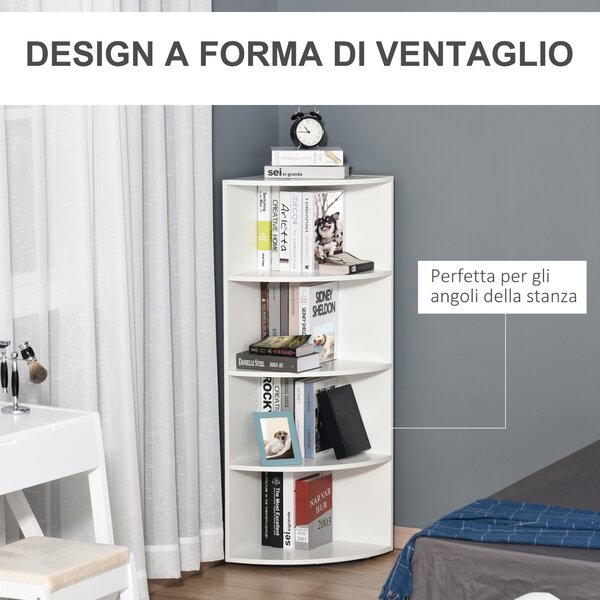 HOMCOM Scaffale Libreria Angolo a 4Ripiani, a ventaglio garantisce, a Muro e Parete, Legno particellare da 15mm, 39.5x39.5x120cm Bianco| Aosom Italy