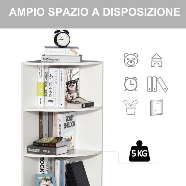 HOMCOM Scaffale Libreria Angolo a 4Ripiani, a ventaglio garantisce, a Muro e Parete, Legno particellare da 15mm, 39.5x39.5x120cm Bianco| Aosom Italy