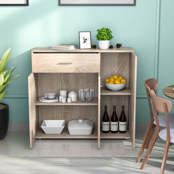 Costway Armadietto con ante e cassetti per salone cucina e ingresso, Credenza di legno con ripiani regolabili Naturale