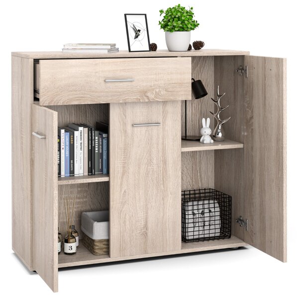Costway Armadietto con ante e cassetti per salone cucina e ingresso, Credenza di legno con ripiani regolabili Naturale