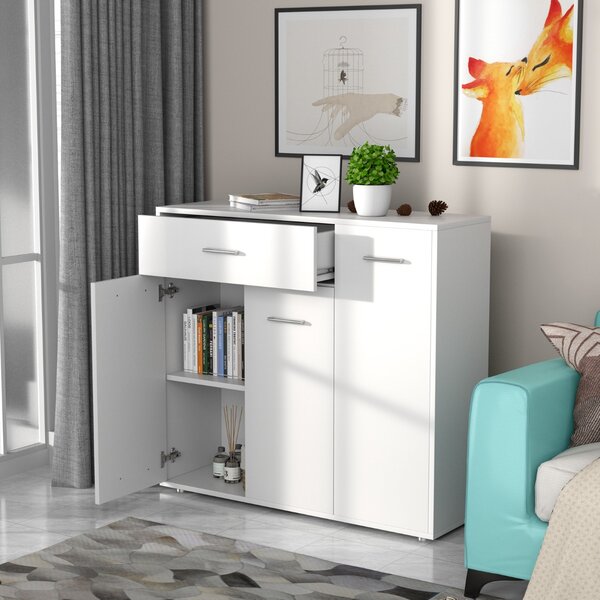 Costway Armadietto con ante e cassetti per salone cucina e ingresso, Credenza di legno con ripiani regolabili Bianco