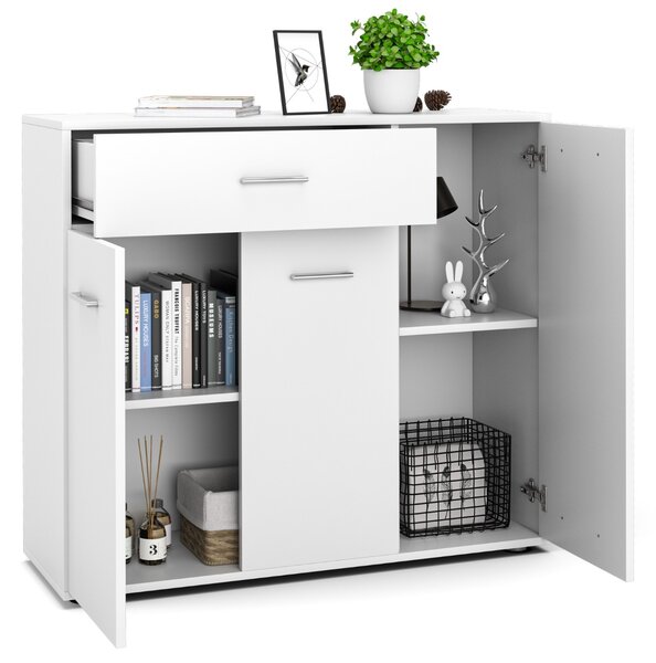 Costway Armadietto con ante e cassetti per salone cucina e ingresso, Credenza di legno con ripiani regolabili Bianco