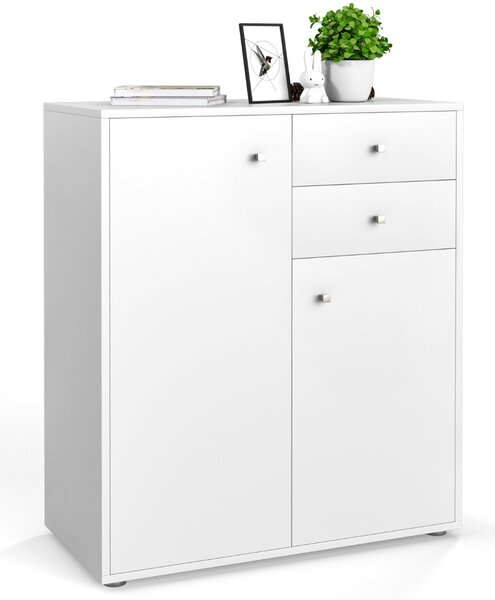 Costway Mobile moderno con 2 ante e cassetti per salone camera da letto, Cassettiera con ripiano regolabile Bianco
