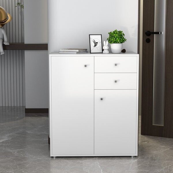 Costway Mobile moderno con 2 ante e cassetti per salone camera da letto, Cassettiera con ripiano regolabile Bianco
