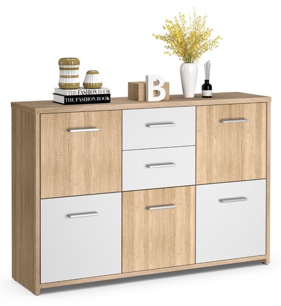 Costway Armadio di legno con 2 cassetti e 5 ante per salone ingresso, Organizer con maniglie comode e piedini antiscivolo
