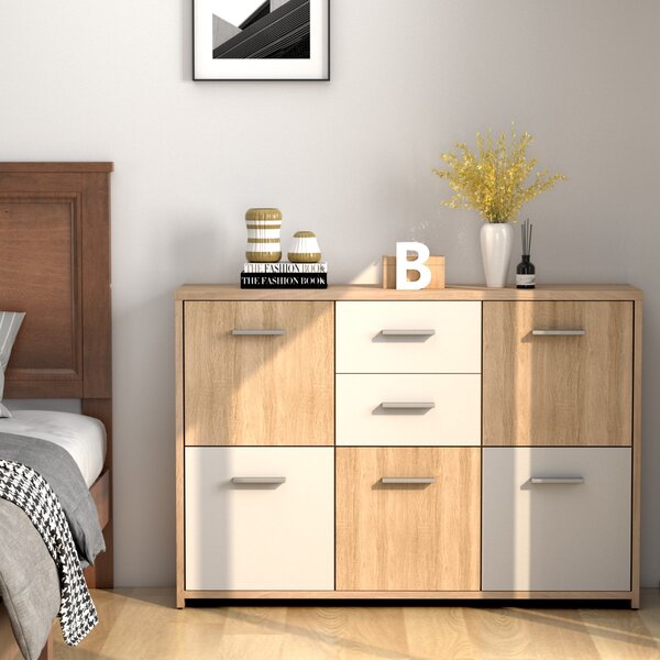 Costway Armadio di legno con 2 cassetti e 5 ante per salone ingresso, Organizer con maniglie comode e piedini antiscivolo