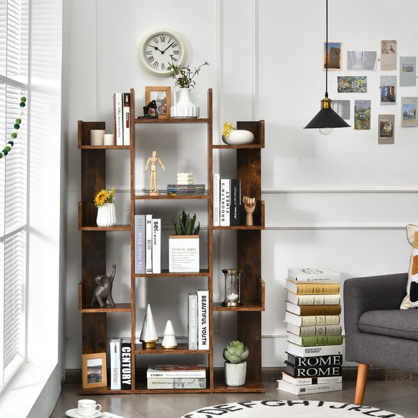 Costway Libreria industriale con 13 scomparti e fermo laterale, Libreria a forma di albero con piedini antiscivoli Marrone