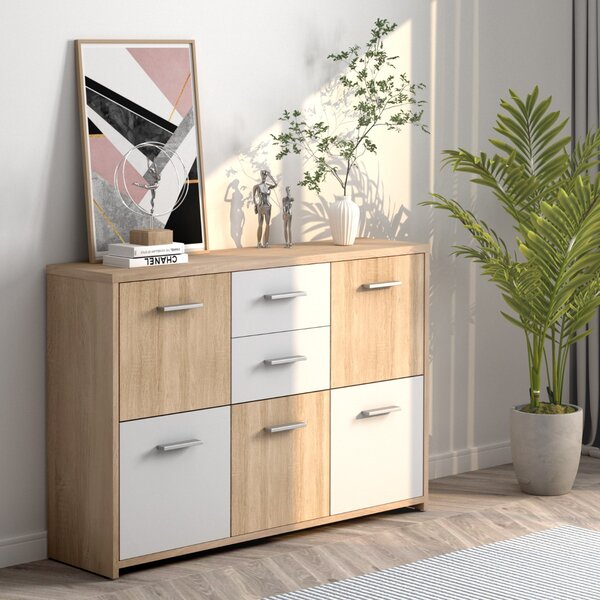 Costway Armadio di legno con 2 cassetti e 5 ante per salone ingresso, Organizer con maniglie comode e piedini antiscivolo