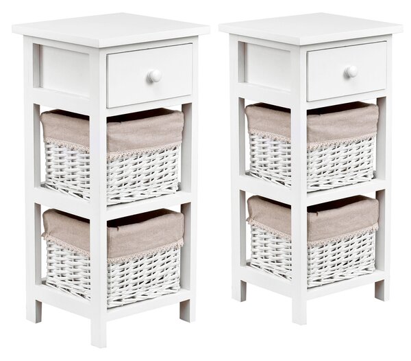 Costway Set di 2 comodini di legno con 3 livelli, Tavolini moderno con 1 cassetto e 2 cesti, Bianco