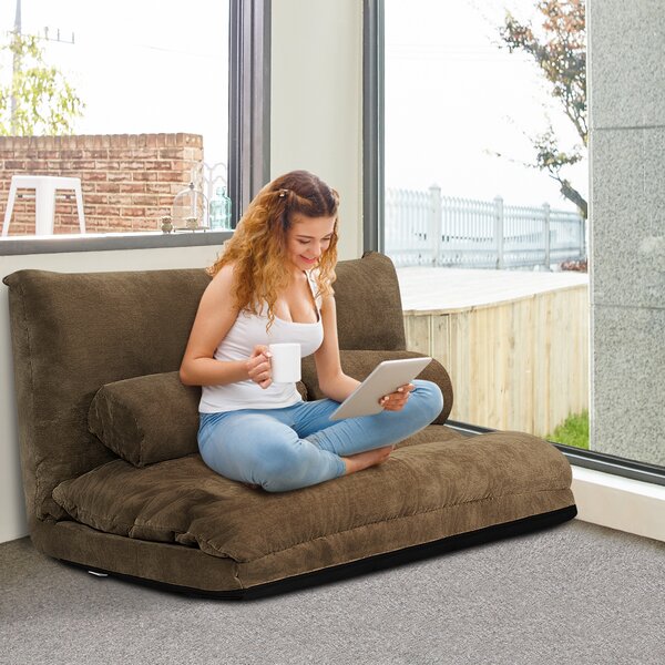 Costway Divano da terra regolabile in 6 posizioni con 2 cuscini, Divano letto durevole e stabile con fodera in camoscio Caffè