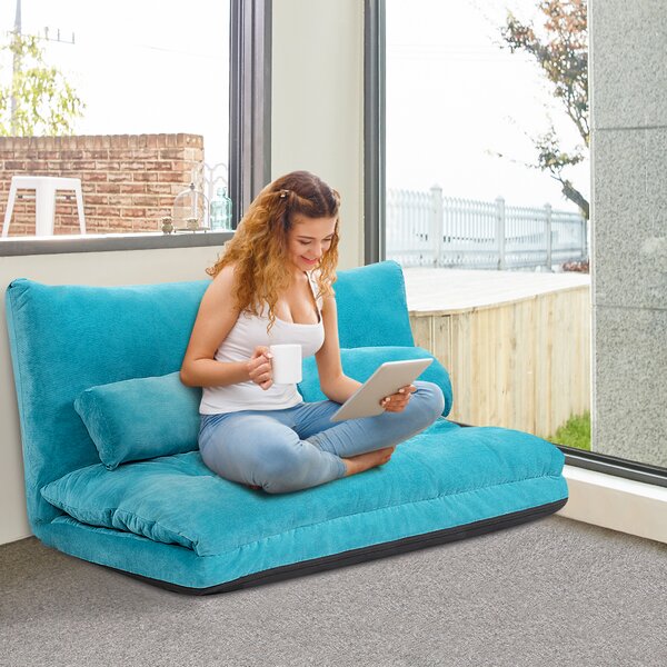 Costway Divano da terra regolabile in 6 posizioni con 2 cuscini, Divano letto durevole e stabile con fodera in camoscio Blu