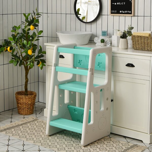 Costway Sgabello scaletta con 3 altezze regolabili e cuscinetti antiscivolo, Torre di apprendimento per bambini Verde