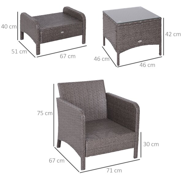 Outsunny Set Mobili Giardino Eleganti, 2 Poltrone + 2 Poggiapiedi + Tavolino Vetro Temperato, Rattan Grigio, Design Moderno|Aosom