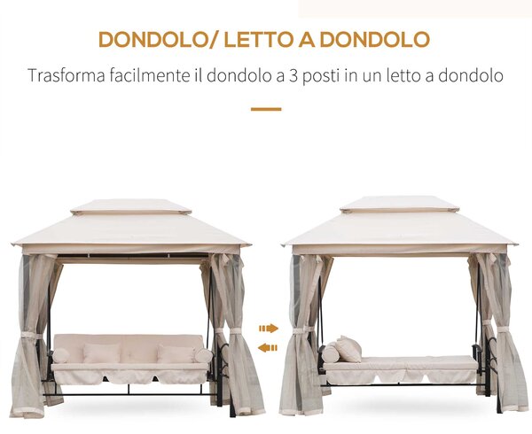 Outsunny Dondolo 3 Posti e Lettino Singolo Copertura a Gazebo con Zanzariera e Cuscini 256x172x248cm Crema|Aosom