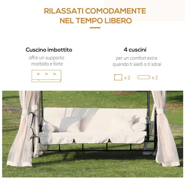 Outsunny Dondolo 3 Posti e Lettino Singolo Copertura a Gazebo con Zanzariera e Cuscini 256x172x248cm Crema|Aosom
