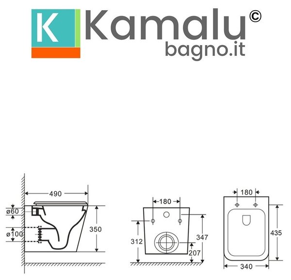 Kamalu wc sospeso senza brida per bagni stretti modello litos-s200