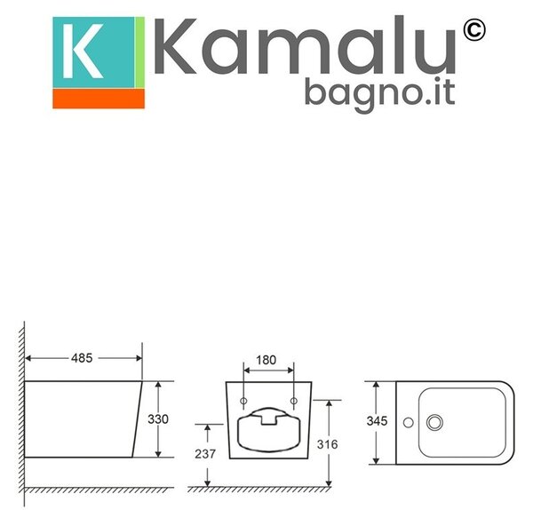 Kamalu wc sospeso senza brida per bagni stretti modello litos-s200