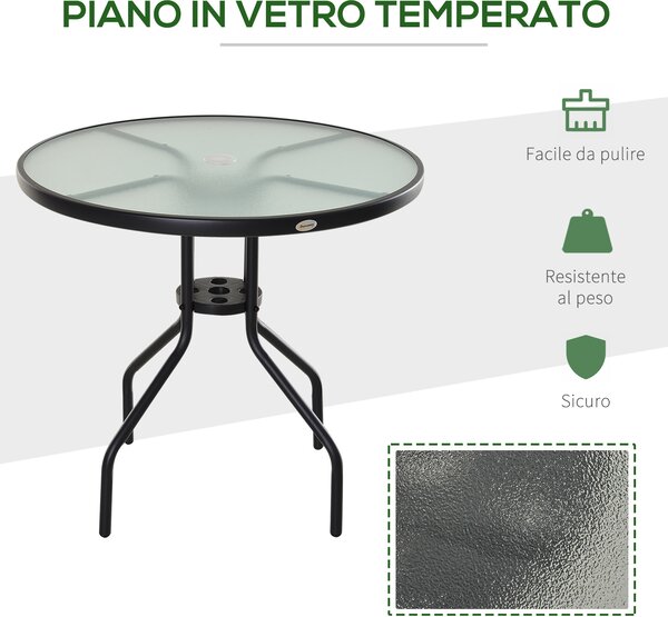 Outsunny Tavolino da Giardino Elegante, Piano in Vetro Temperato, Foro per Ombrellone, Acciaio, Ф80x72cm, Nero.|Aosom