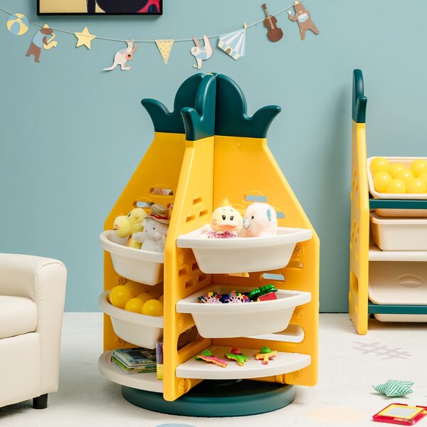 Costway Scaffale a forma di ananas con 3 livelli 8 cesti di plastica e 4 mensole, Organizer giocattoli girevole per bambini