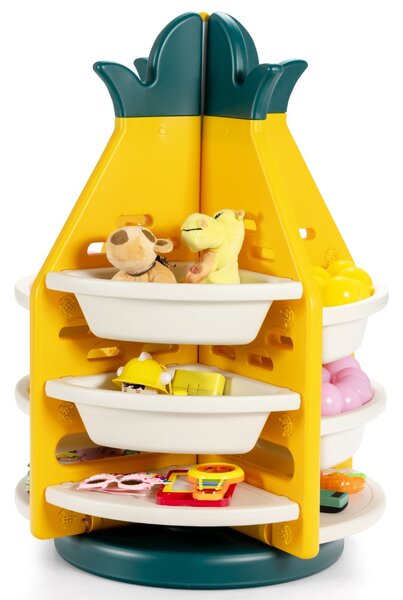 Costway Scaffale a forma di ananas con 3 livelli 8 cesti di plastica e 4 mensole, Organizer giocattoli girevole per bambini