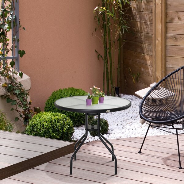 Outsunny Tavolino da Giardino Elegante, Piano in Vetro Temperato, Foro per Ombrellone, Acciaio, Ф80x72cm, Nero.|Aosom