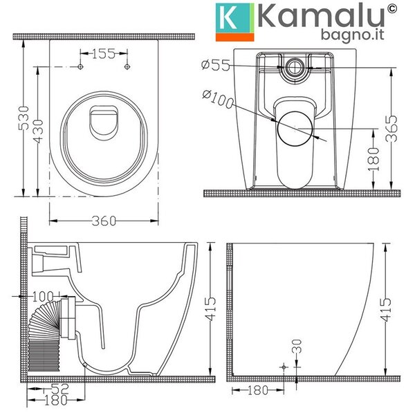 Kamalu vaso filo muro senza brida nelu-t