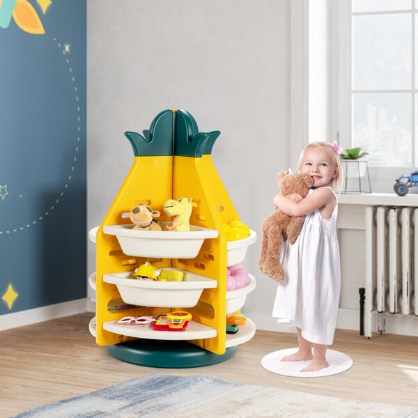 Costway Scaffale a forma di ananas con 3 livelli 8 cesti di plastica e 4 mensole, Organizer giocattoli girevole per bambini