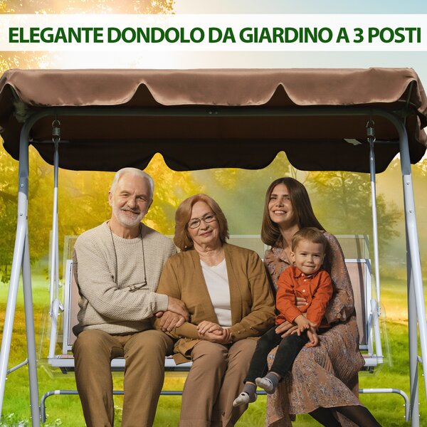 Outsunny Dondolo da Giardino a 3 Posti in Metallo, Tetto Parasole Rimovibile e Lavabile, Marrone e Argento, 171x108x154cm|Aosom