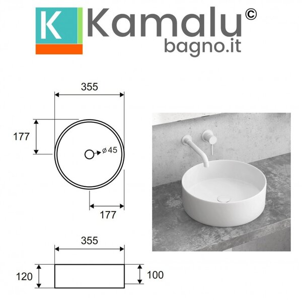 Lavabo tondo colore bianco opaco 35cm Litos-KBM350 - KAMALU