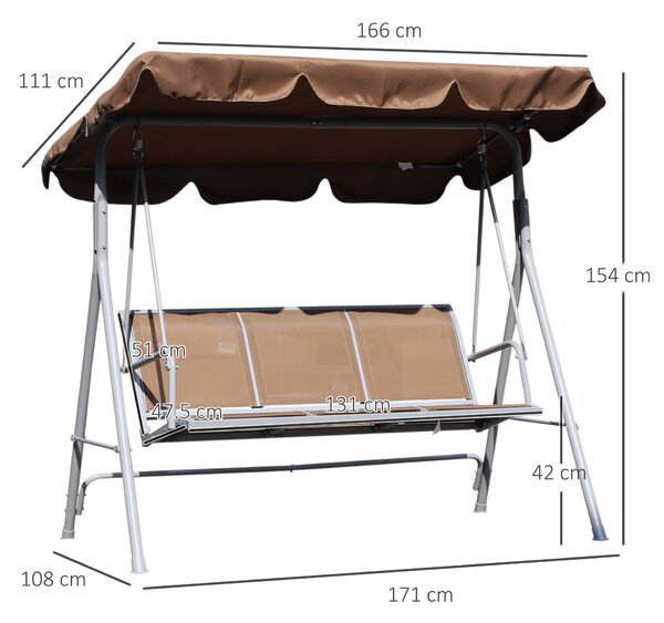 Outsunny Dondolo da Giardino a 3 Posti in Metallo, Tetto Parasole Rimovibile e Lavabile, Marrone e Argento, 171x108x154cm|Aosom