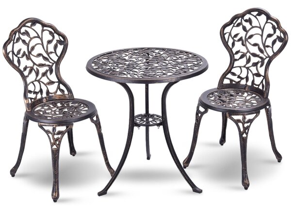 Costway Set tavolo e 2 sedie da giardino, Tavolo e sedie esterno da caffè in metallo Bronzo