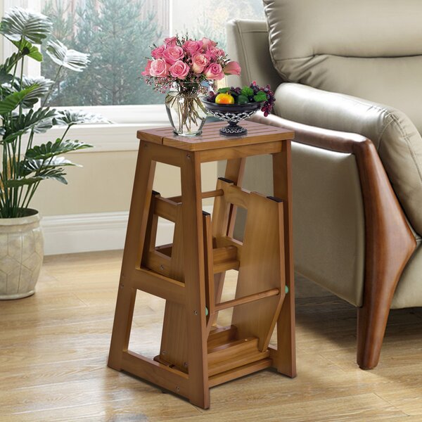 Costway Sgabello scaletta a 3 gradini in legno di pino multiuso, Sgabello pieghevole da cucina 57x38x65cm Naturale