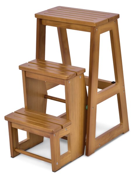 Costway Sgabello scaletta a 3 gradini in legno di pino multiuso, Sgabello pieghevole da cucina 57x38x65cm Naturale