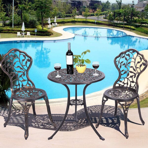 Costway Set tavolo e 2 sedie da giardino, Tavolo e sedie esterno da caffè in metallo Bronzo