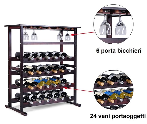 Costway Portabottiglie in legno da 24 bottiglie Scaffale per bottiglie di vino 80x41x90,5cm Marrone scuro