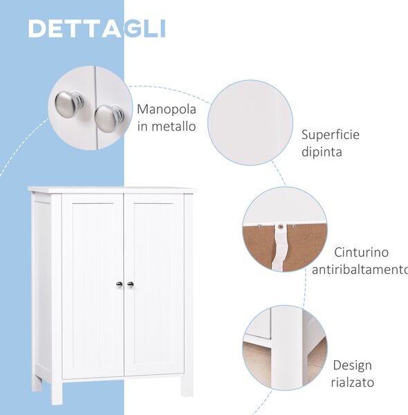 Kleankin Mobile Bagno Moderno Autoportante con 2 Ante e 2 ripiani regolabili, Armadietto in Legno,60 x 30 x 80cm, Bianco|Aosom Italy