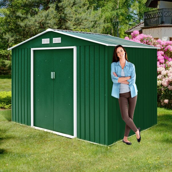 Costway Box Casetta da giardino per gli attrezzi 213x127x185cm in lamiera d'acciaio Verde