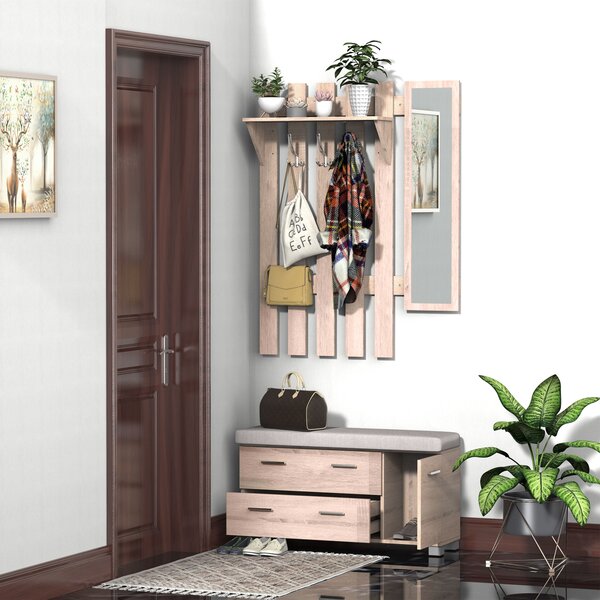 Homcom Set 3 Pezzi Scarpiera Appendiabiti e Specchiera per Ingresso, Mobile Ingresso in Legno|Aosom