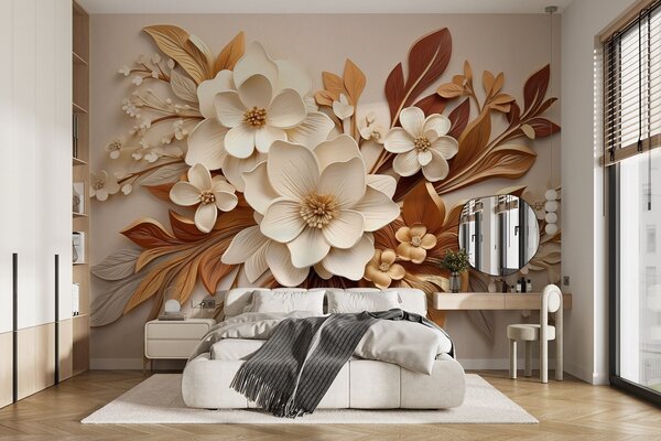 Carta da parati fiori 3D con foglie in stile origami nei toni del beige, Carta da parati 3D, Carta da parati Fiori 3D, w08984 : Uwalls.it