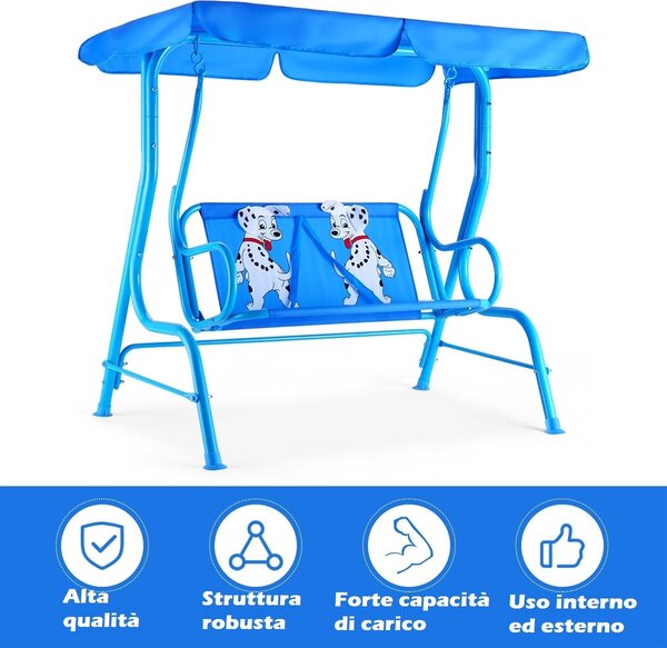 Costway Altalena dondolo da giardino per bambini con 2 posti e tetto regolabile 117x78x116cm Blu