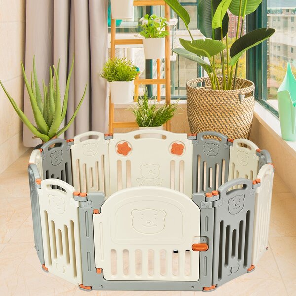 Costway Recinto di gioco per bambini in plastica 12 Pezzi Parco giochi per bimbi con design di orsetto Colorato