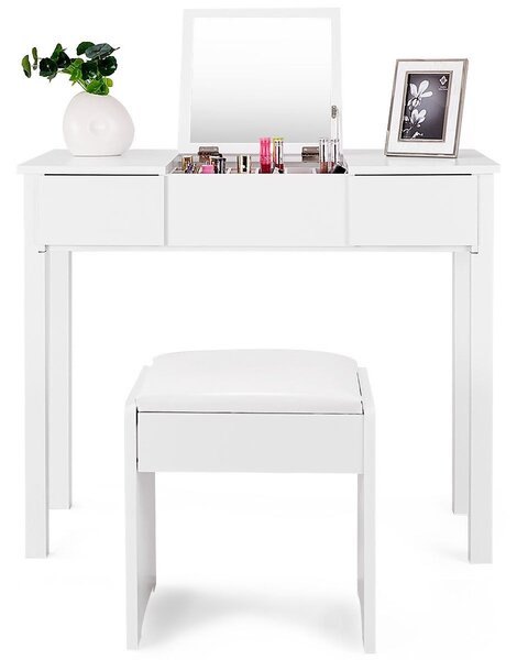 Costway Set di toeletta con sgabello Tavolo da trucco con specchio pieghevole e 2 cassetti, 90x40x75cm Bianco