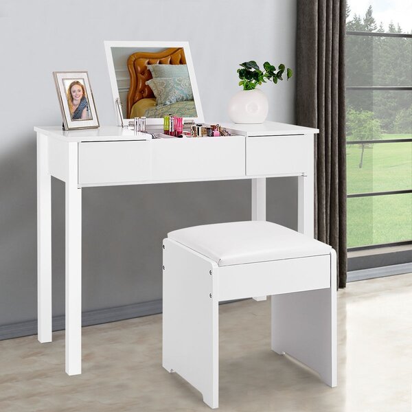 Costway Set di toeletta con sgabello Tavolo da trucco con specchio pieghevole e 2 cassetti, 90x40x75cm Bianco