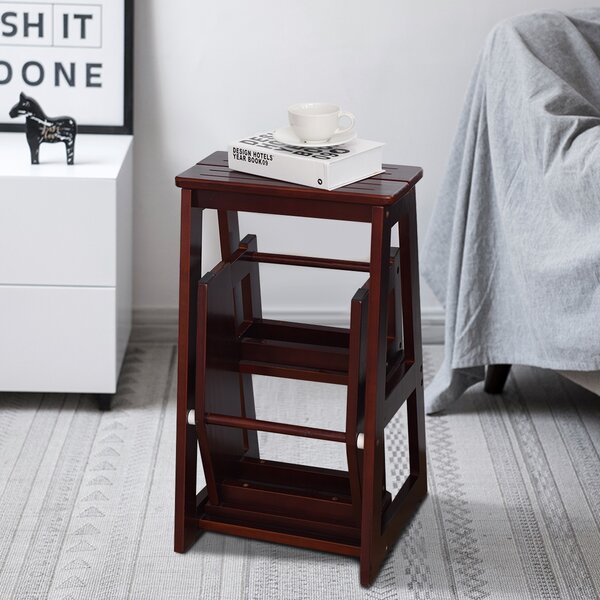 Costway Sgabello scaletta a 3 gradini in legno di pino multiuso, Sgabello pieghevole da cucina 57x38x65cm Caffè