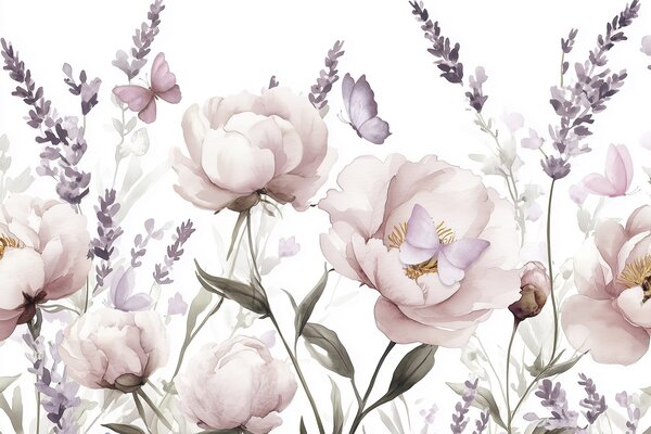 Carta da parati Prato fiorito, peonie, lavanda, farfalle, stile acquerello, colori rosa, Carta da parati Floreale, w03668 : Uwalls.it
