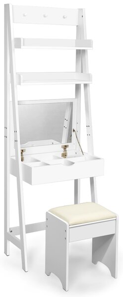 Costway Toeletta legno con specchio 2 mensole 3 ganci, Tavolo per trucco con sgabello imbottito 56,5x40x180cm Bianco