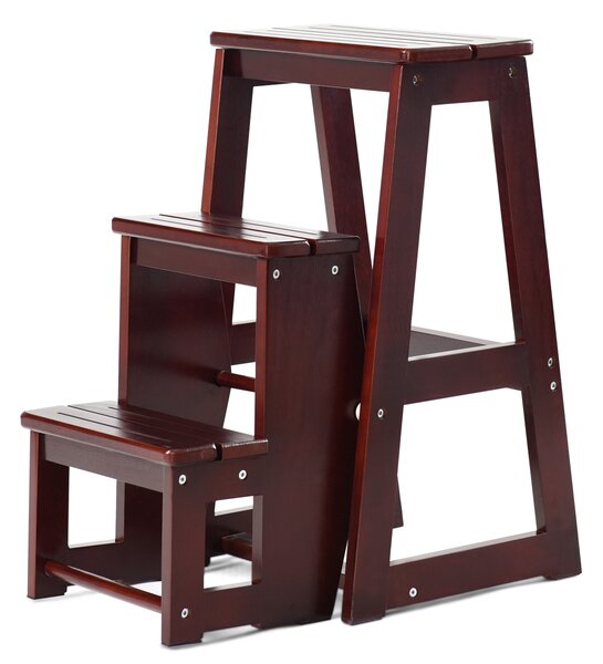 Costway Sgabello scaletta a 3 gradini in legno di pino multiuso, Sgabello pieghevole da cucina 57x38x65cm Caffè