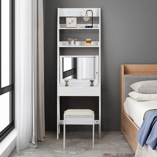 Costway Toeletta legno con specchio 2 mensole 3 ganci, Tavolo per trucco con sgabello imbottito 56,5x40x180cm Bianco